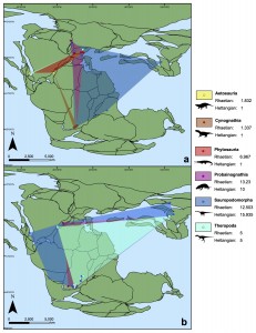 Geographic range maps and mean generic diversity of terrestrial vertebrate groups before (a) and after (b) the end-Triassic mass extinction. Dunhill and Wills 2015.